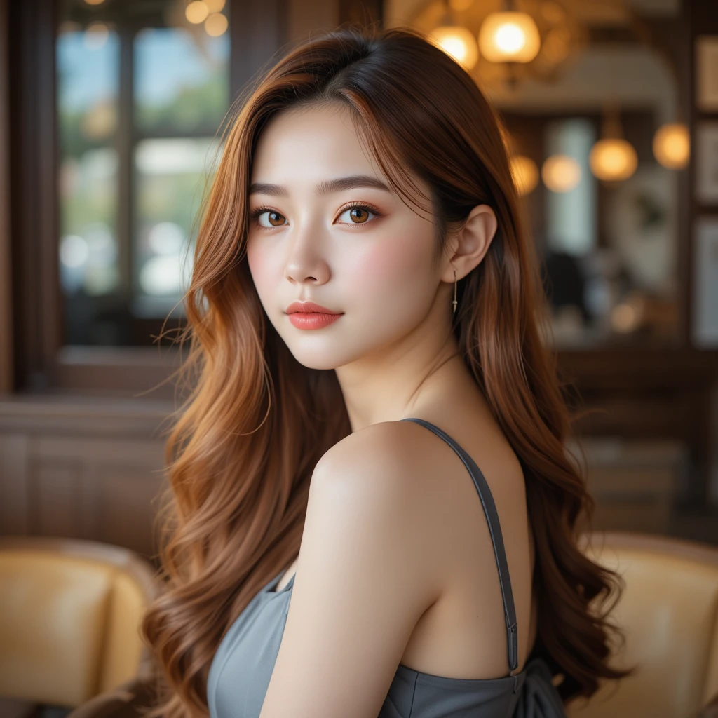Young woman in grey dress at a warm coffee shop