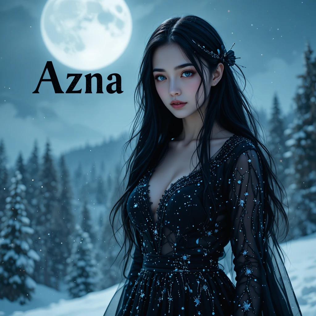 Giovane donna in una bufera di neve al chiaro di luna su una collina boscosa