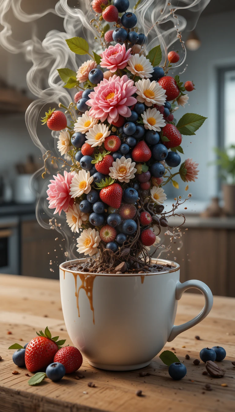 Vortex en spirale de fruits et de fleurs s’élevant d’une tasse de café