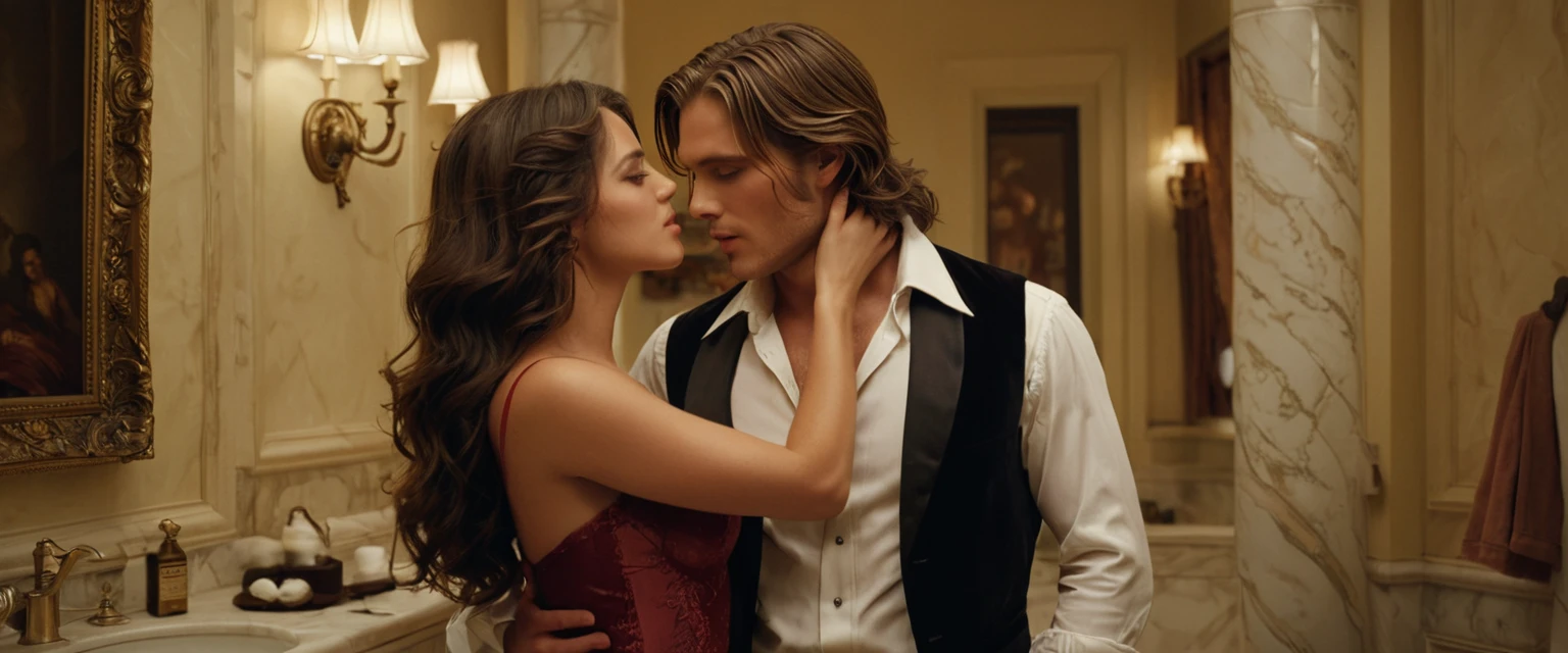 Elegant romantic moment in a luxurious bathroom scene