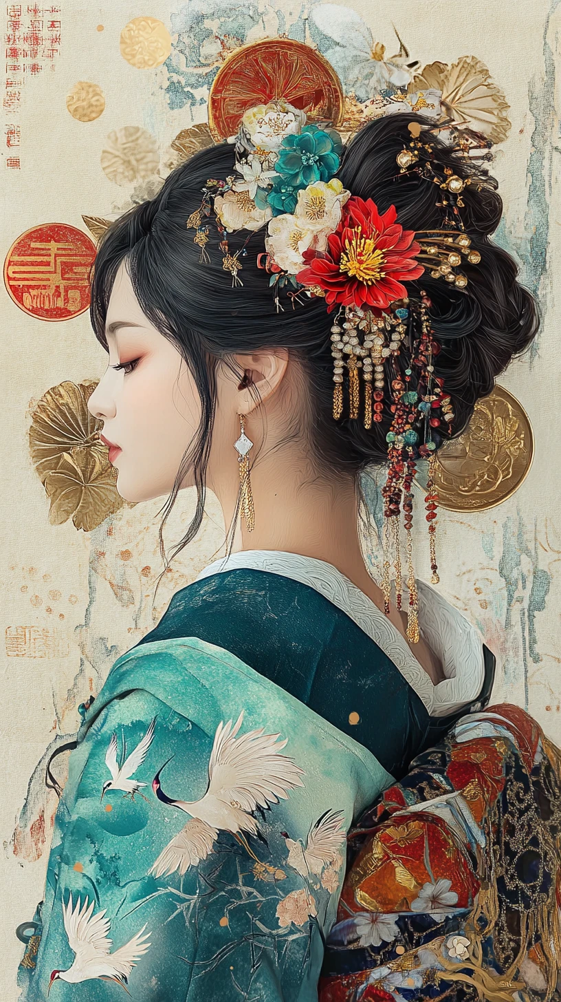 Mulher elegante de quimono em retrato de perfil semirrealista