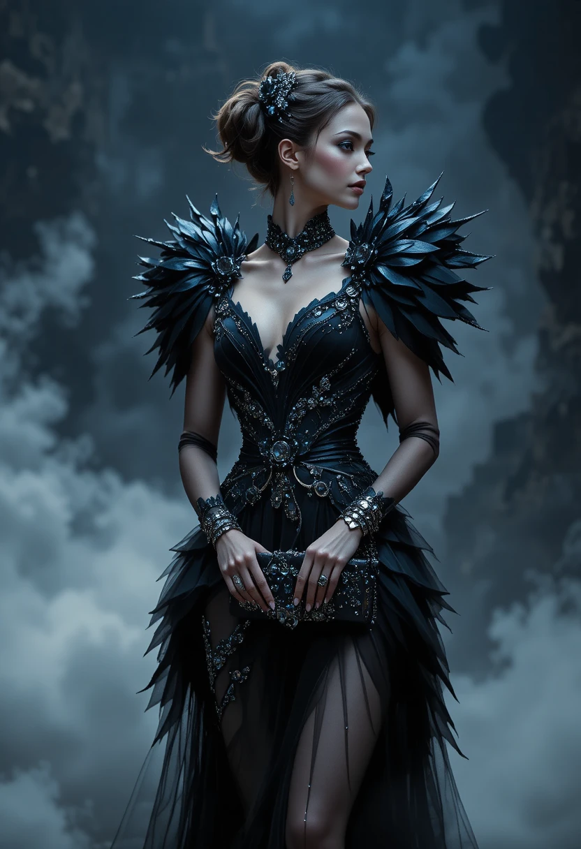Dark angel couture woman in dramatic studio pose