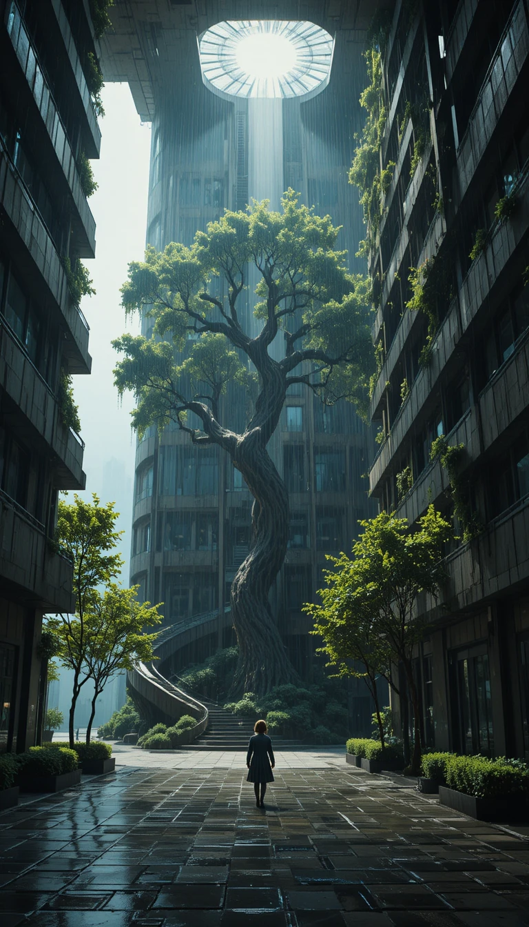 Futuristischer Turm mit riesigem Baum über nasser Steinplaza