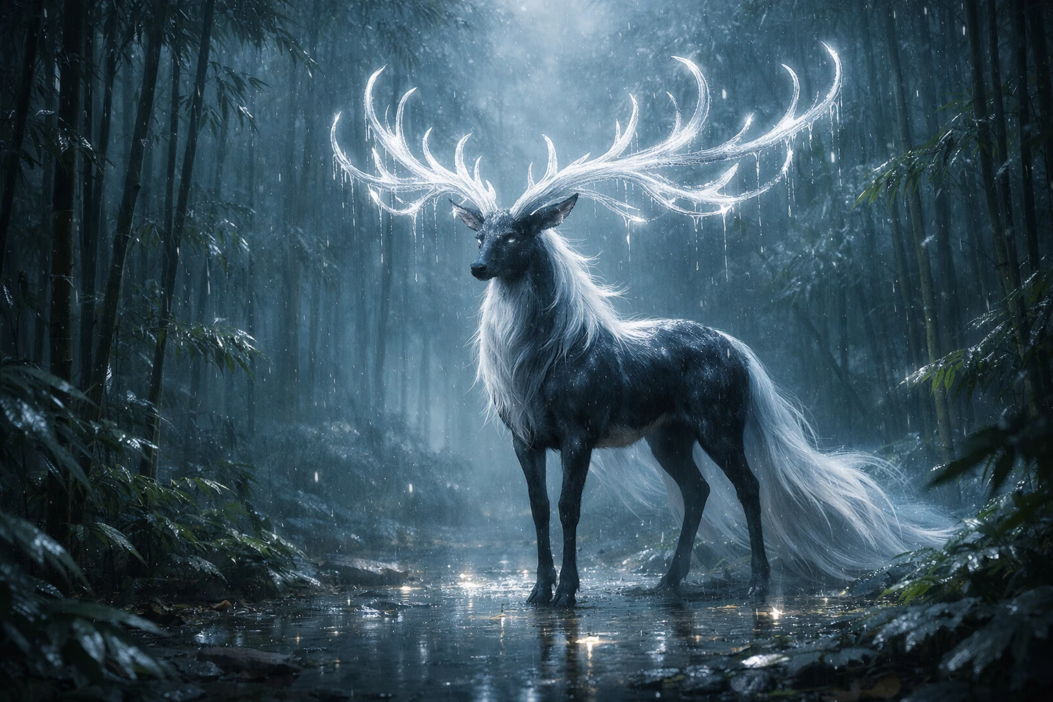 Cerf mythique dans une forêt de bambous au clair de lune sous une pluie légère