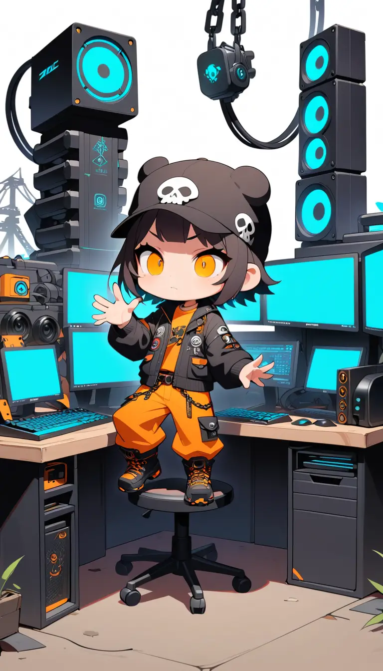 Chibi-Gamer-Junge am industriellen Battlestation-Schreibtisch