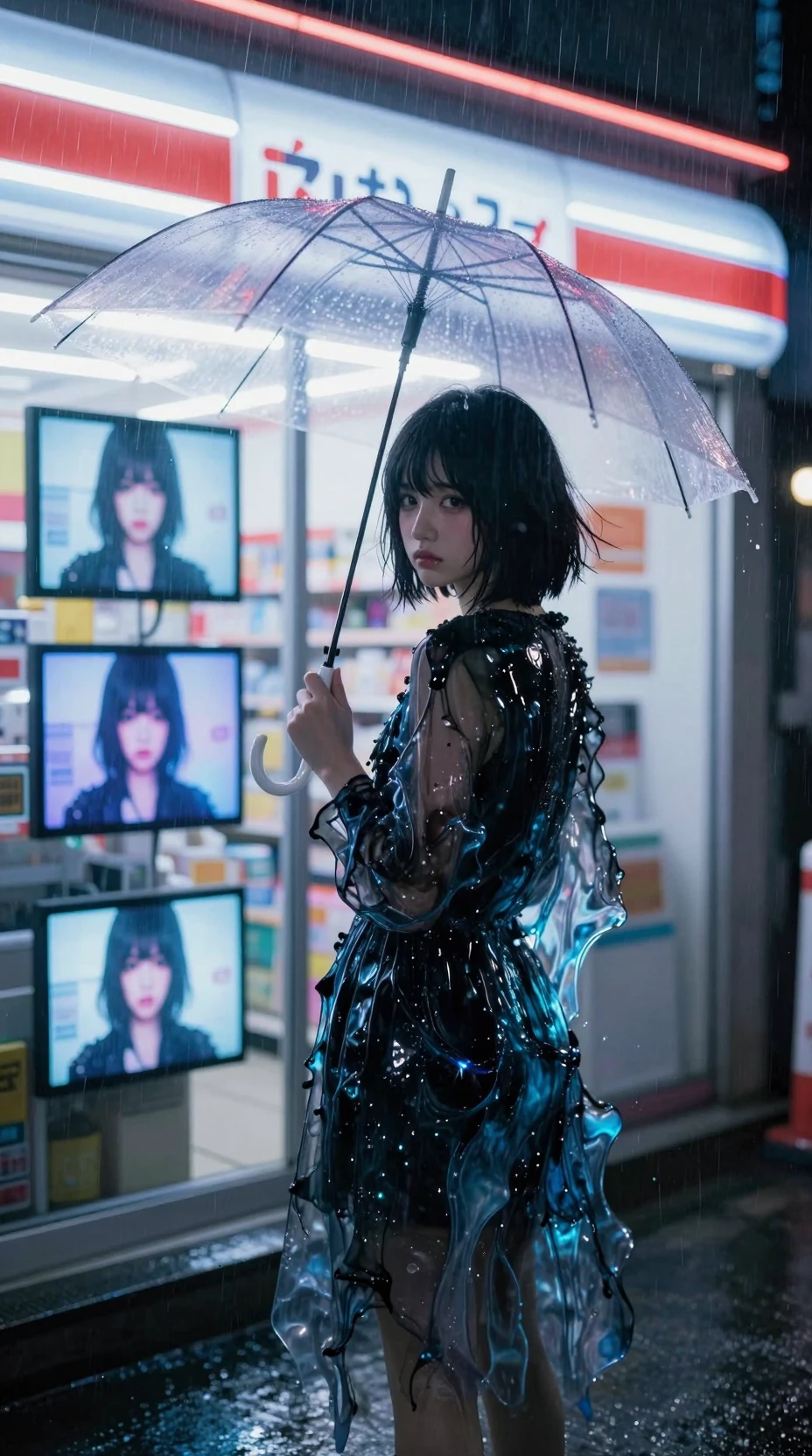Girl under transparent umbrella outside Japanese store at night