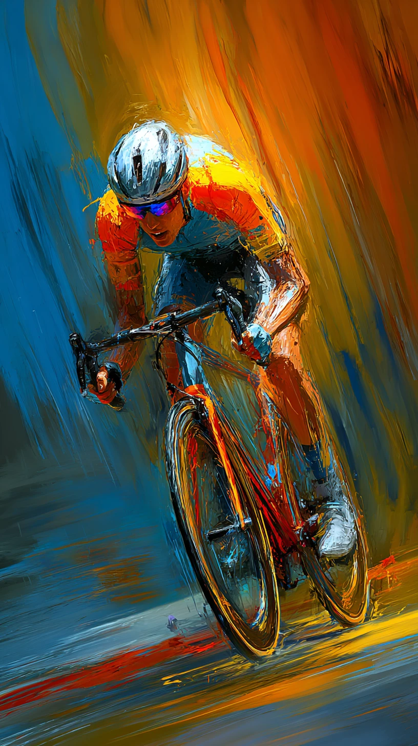 Professional cyclist racing forward in vibrant digital painting