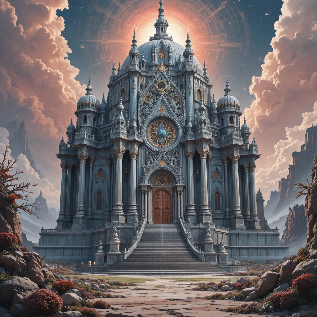 Antigo templo sagrado sob céus amplos de inspiração sci-fi
