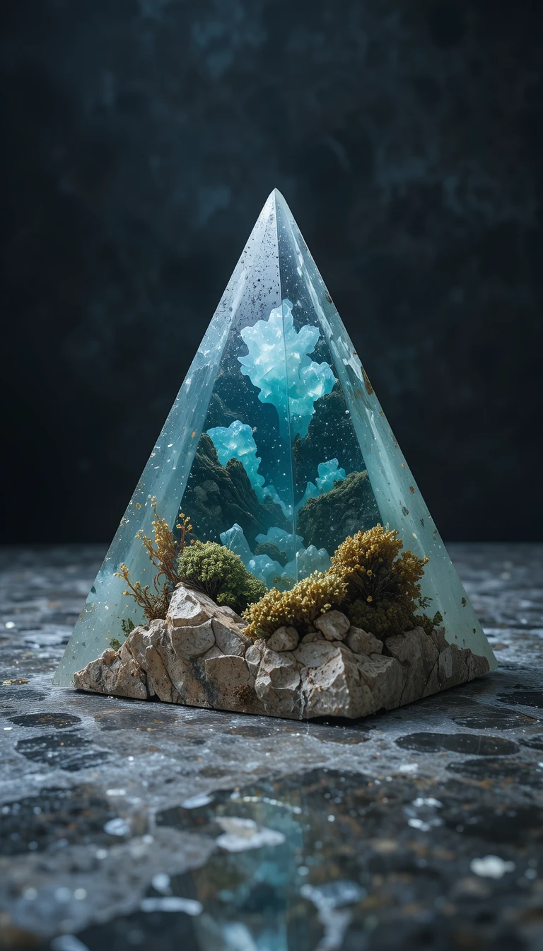 Glasstein-Pyramide mit winzigen marinen Landschaften im Inneren