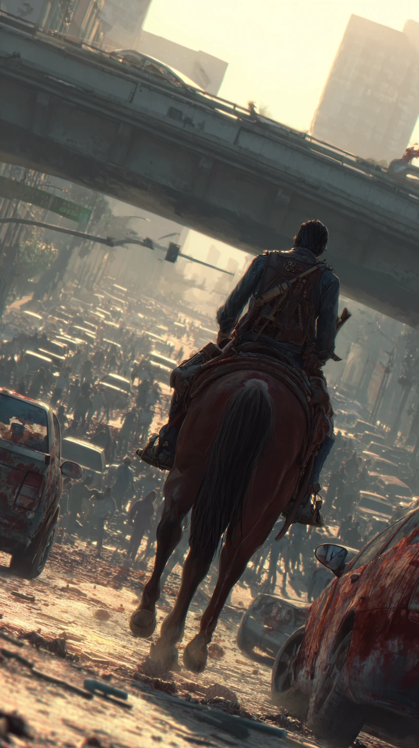 Cowboy cavalgando por uma ponte urbana destruída