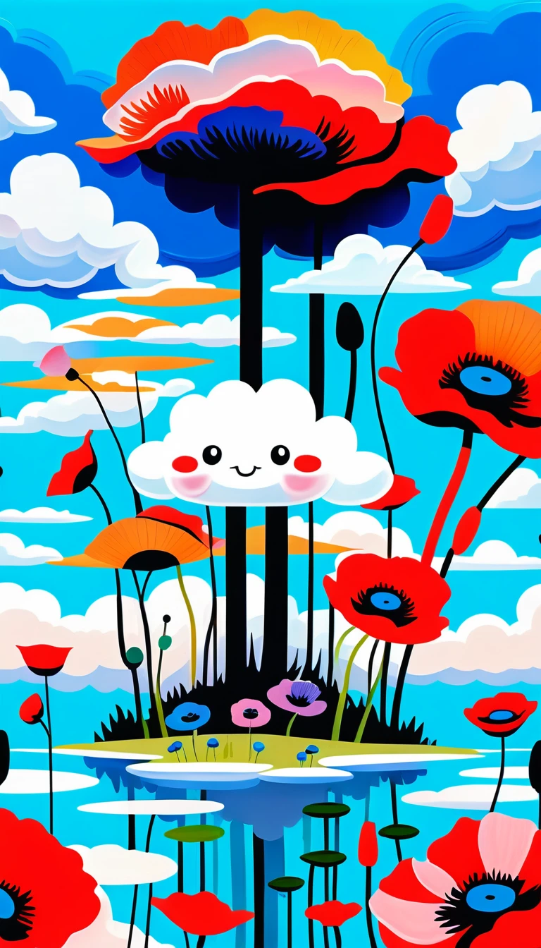 Playful cloud creature with poppies on a floating island