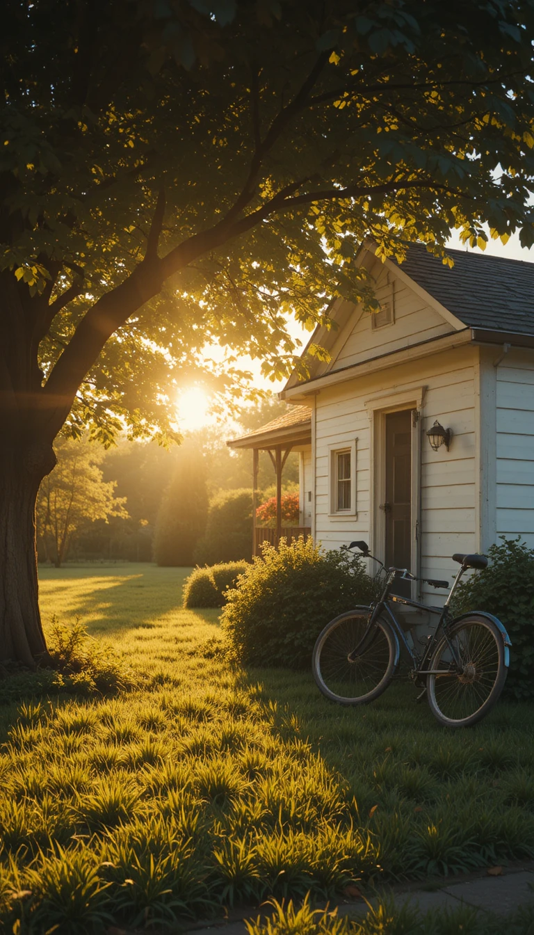 Vintage-Fahrrad an einem Cottage in warmem Goldenen-Stunden-Licht
