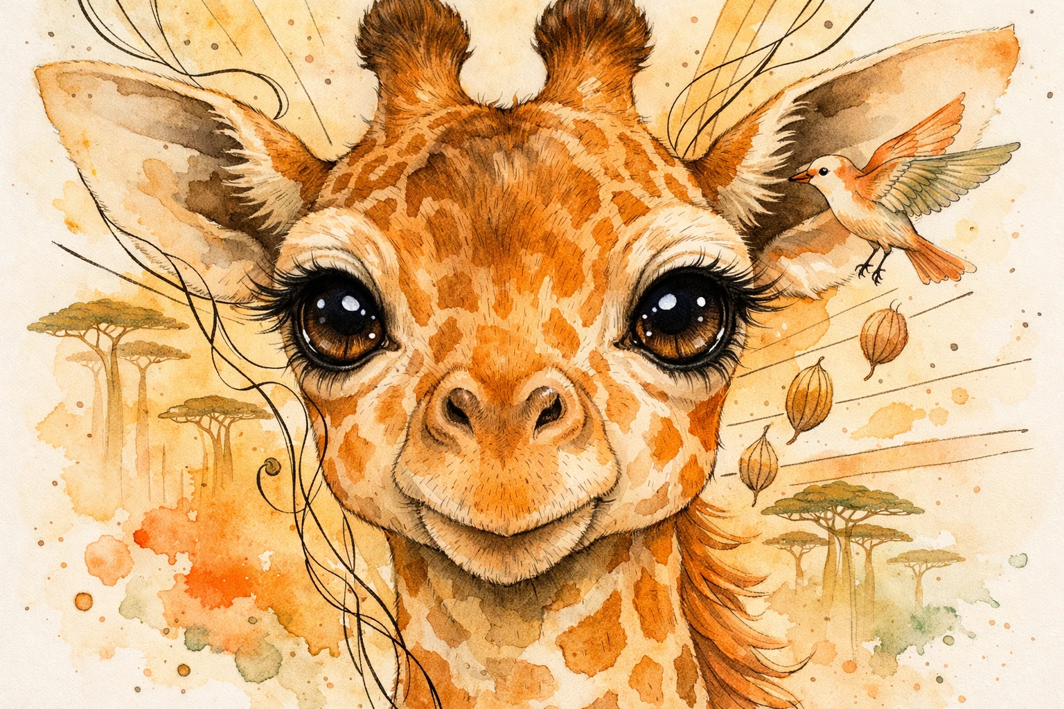Baby giraffe portrait with surreal watercolor savannah details
