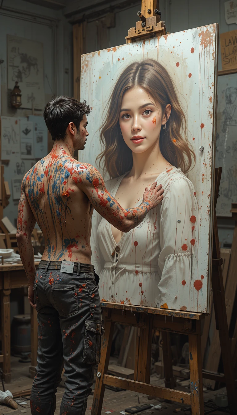 Joven artista se acerca a la mujer que emerge del cuadro