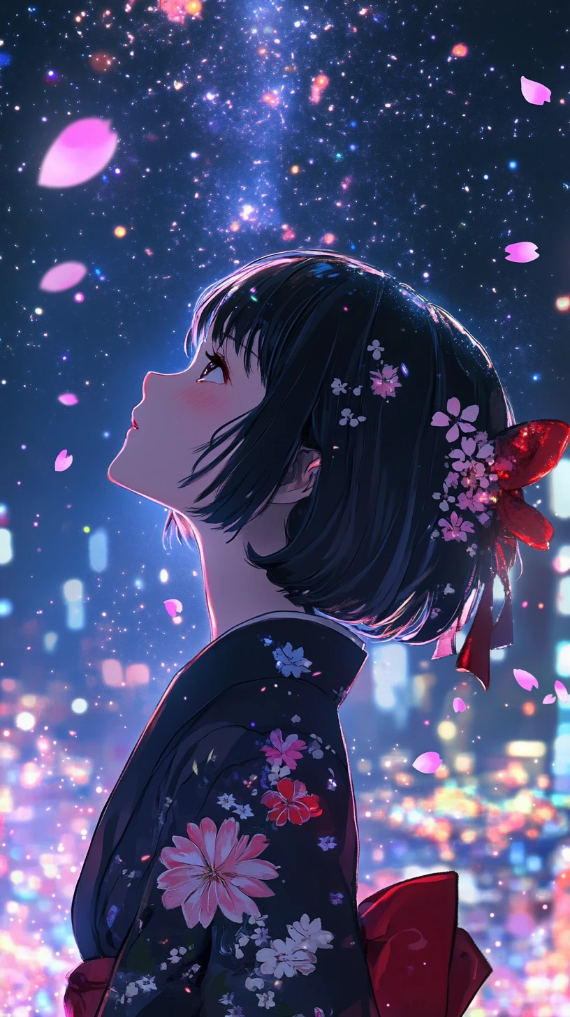Ragazza anime in kimono che guarda un cielo cosmico luminoso
