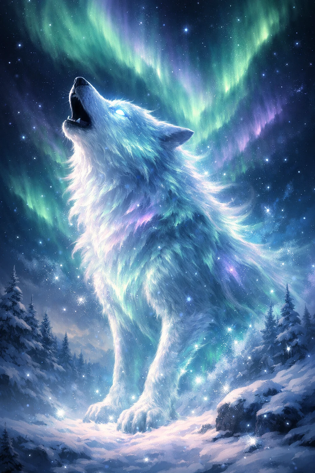 Lobo espectral místico uivando sob auroras boreais brilhantes