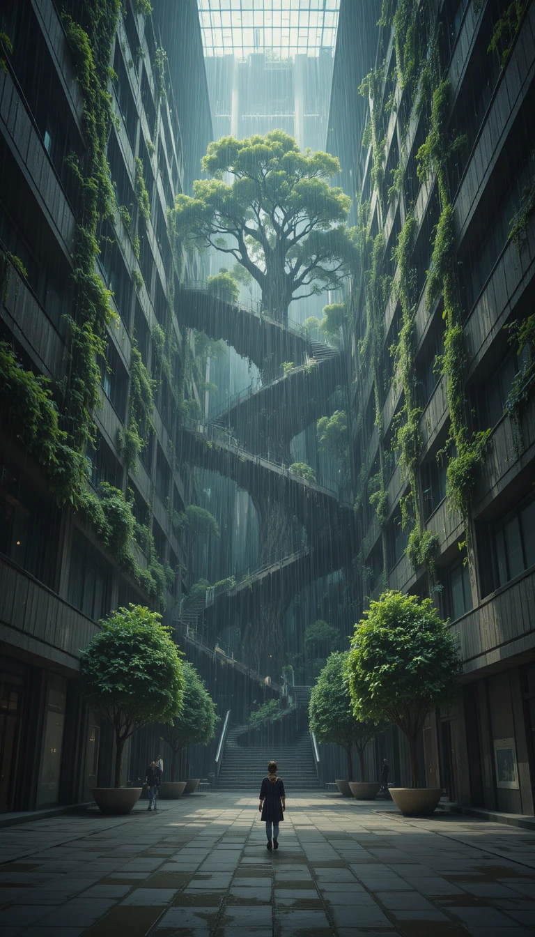 Futuristischer Turm mit riesigem Baum, der durch sein Zentrum wächst