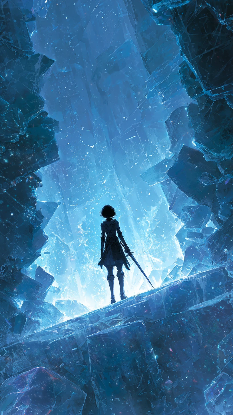 Anime warrior woman frozen within glowing ice in cave