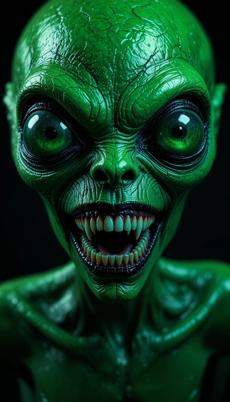 Retrato de alienígena verde assustador com fundo escuro brilhante