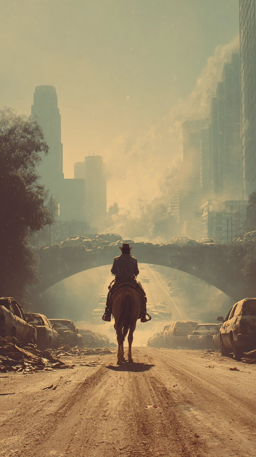 Cowboy a cavallo che attraversa un ponte cittadino deserto