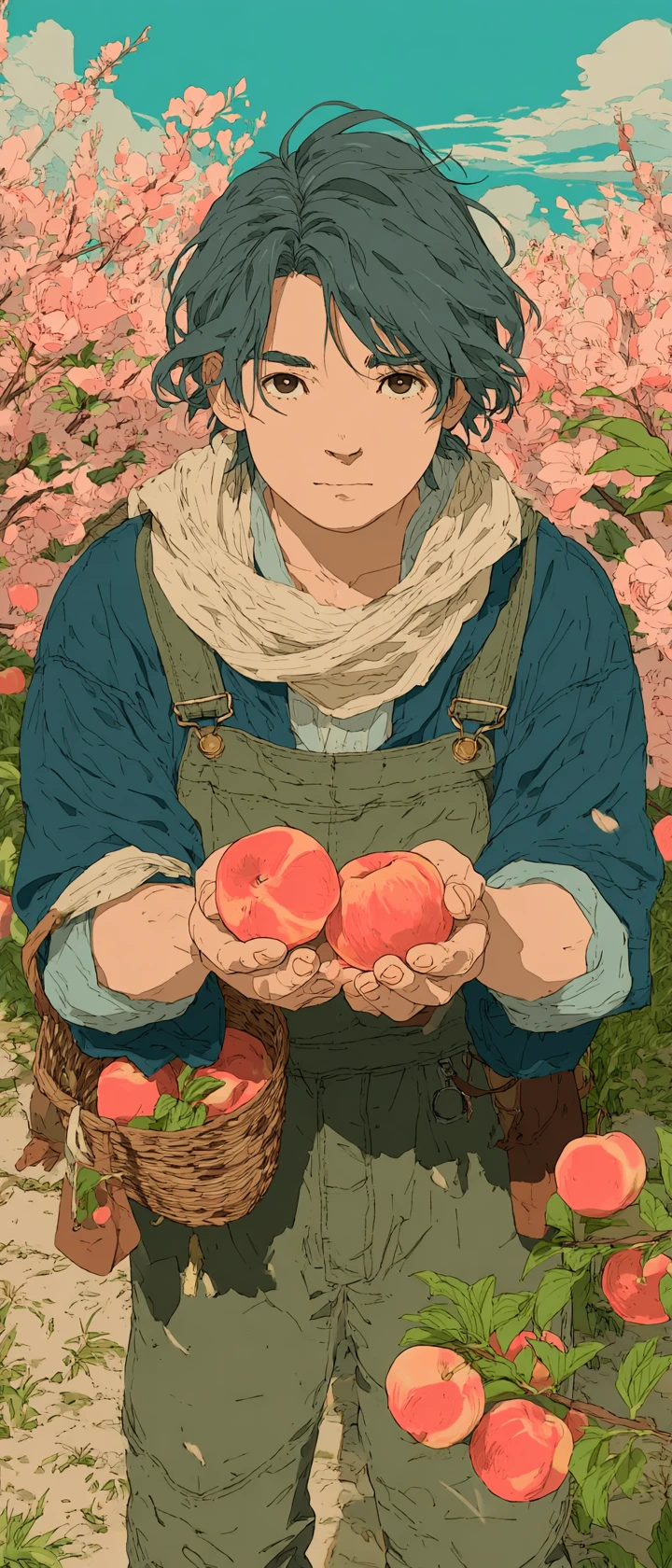 アニメ風の果樹農家がたったひとつの完璧な桃を見つめる