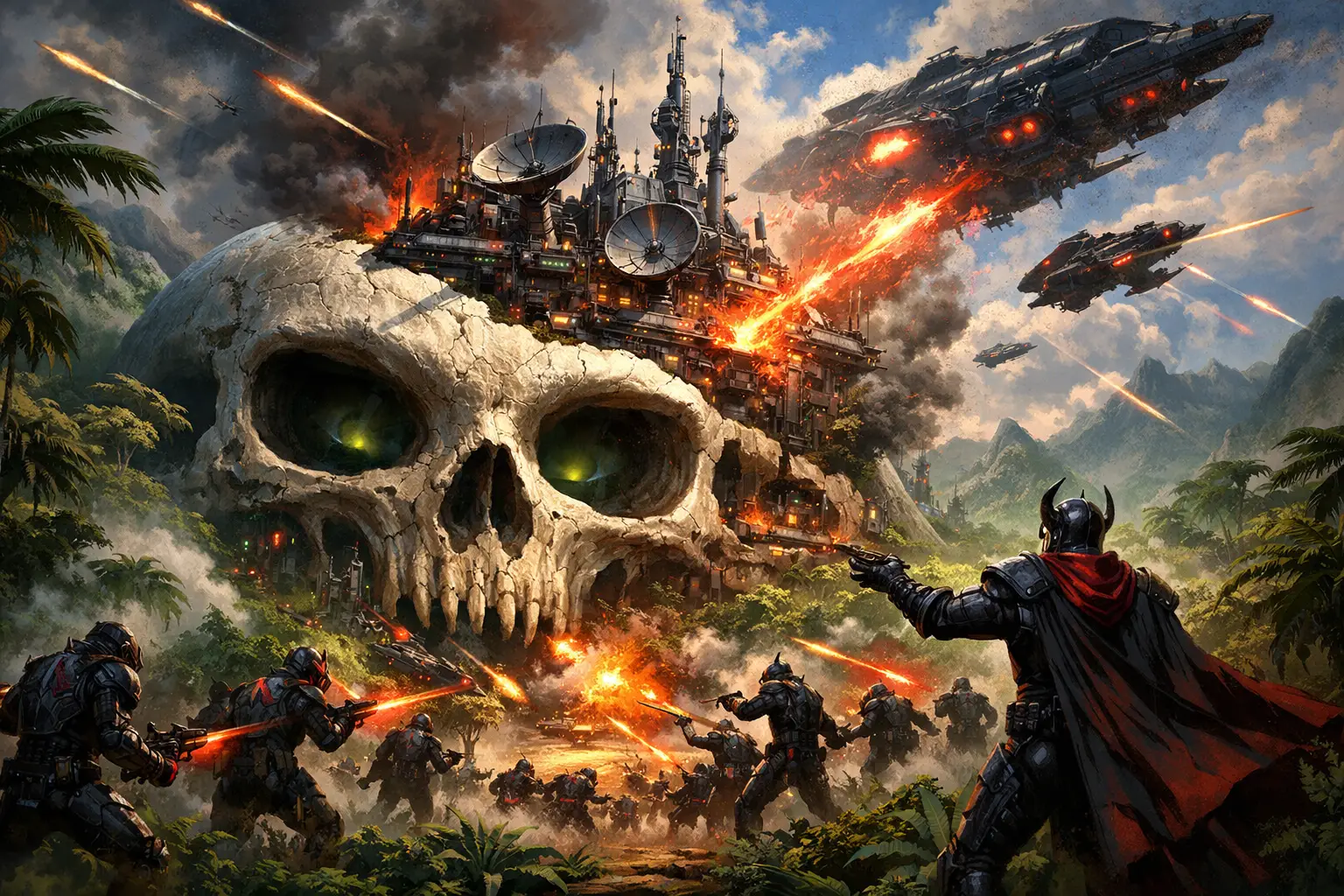 Alien city built inside a colossal skull on jungle world