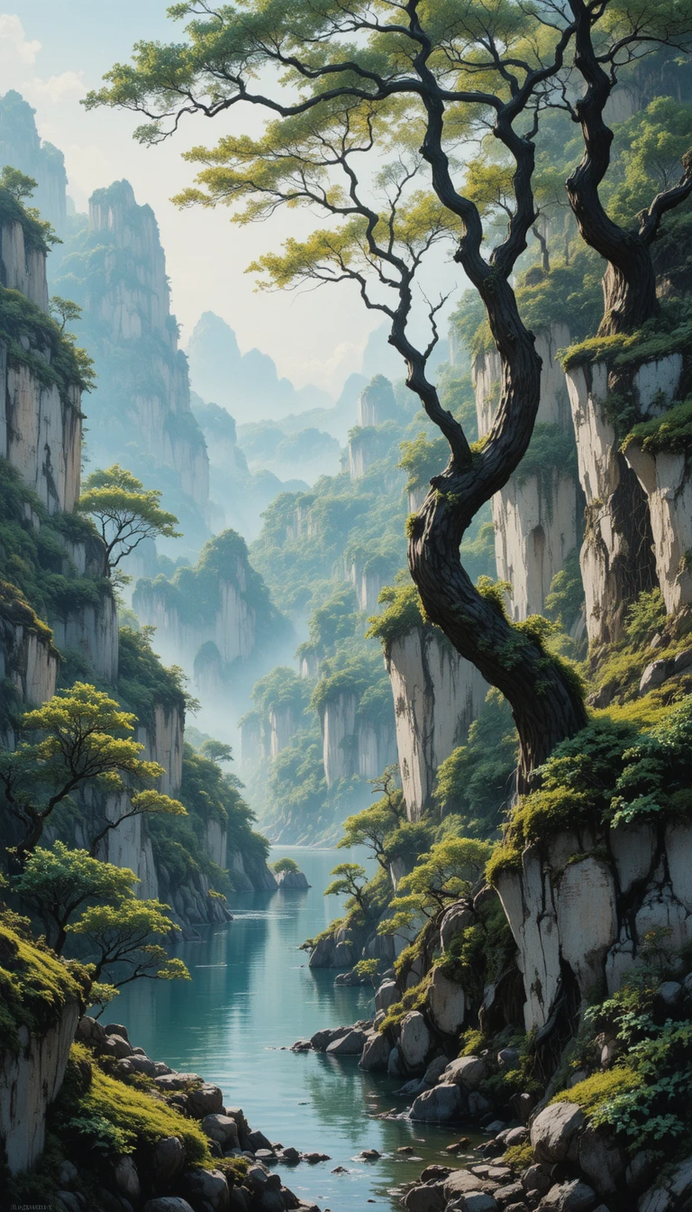 Close up of twisted trees in an old summer forest