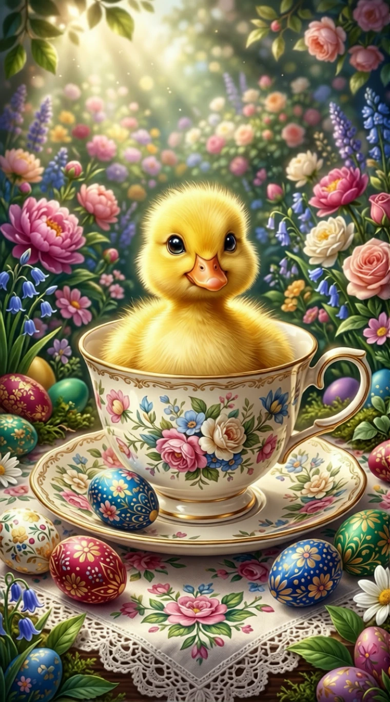 Adorable patito en taza de té floral con huevos de Pascua en tonos pastel