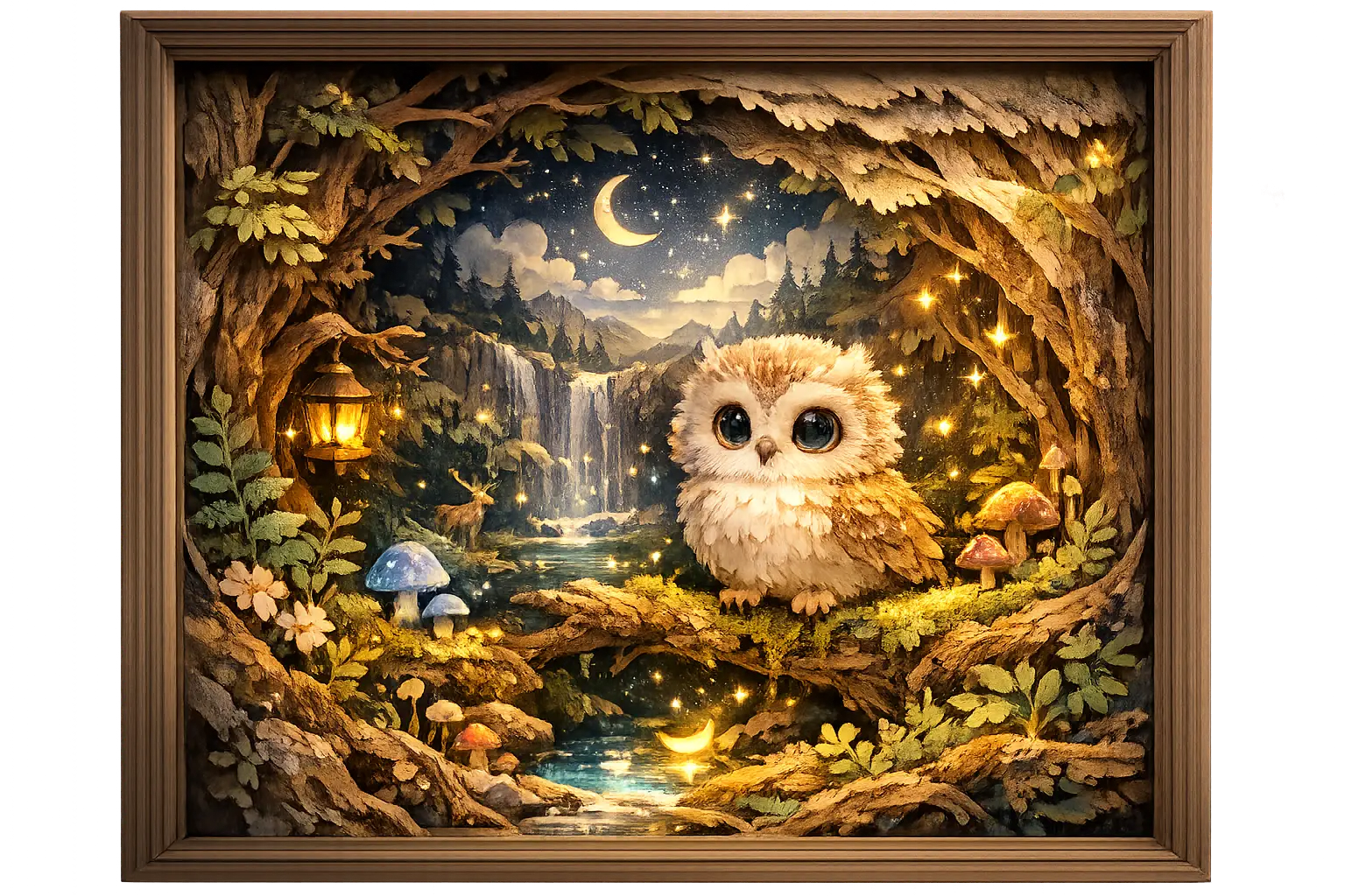 Baby-Eule in einer geschichteten Wald-Schaukasten-Diorama-Szene