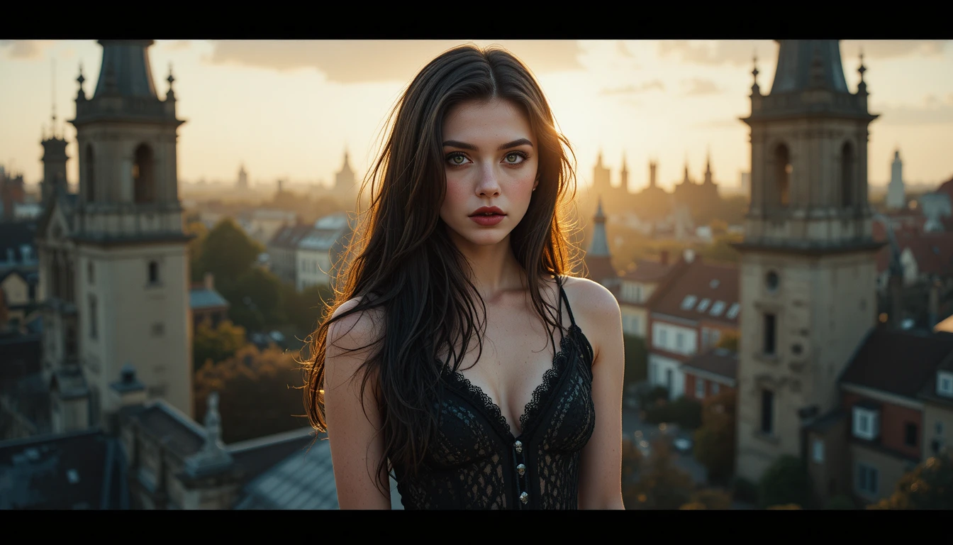 Young woman on a gothic city rooftop at golden hour