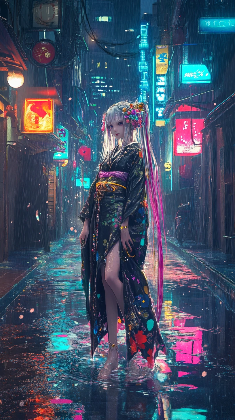 Anime woman in kimono standing in neon city alley