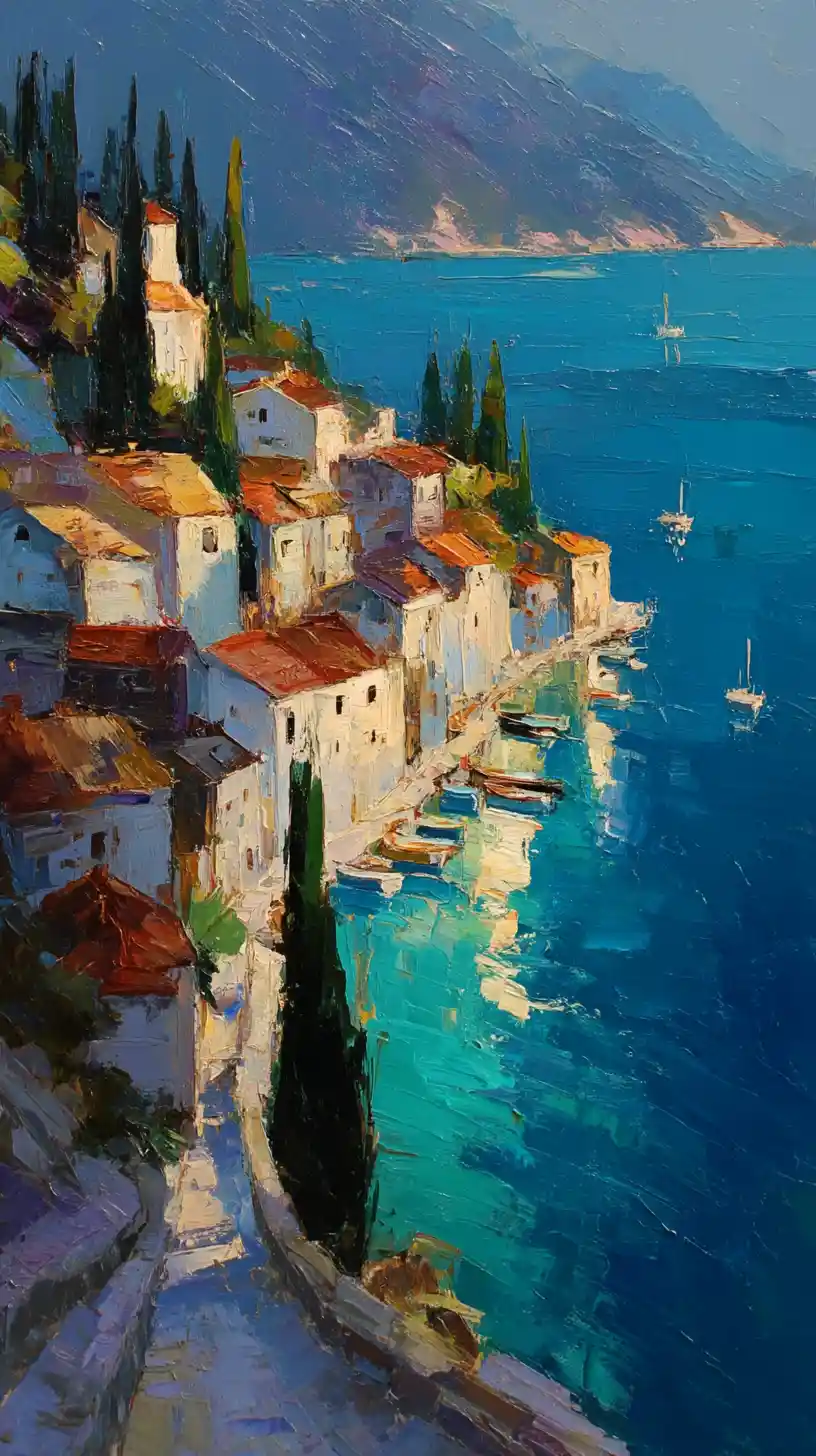 Impasto painting of a hillside coastal town above turquoise harbor