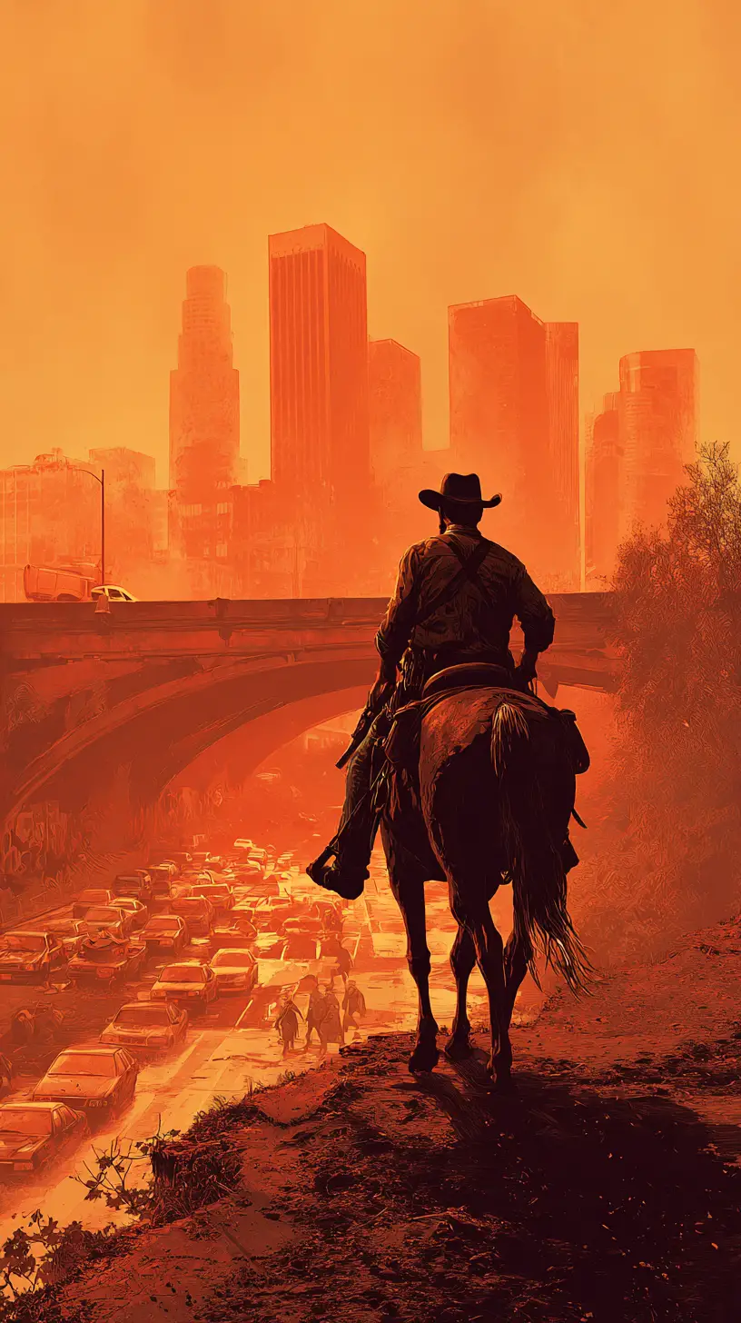 Nahaufnahme eines Cowboys, der auf einem Pferd durch eine zerstörte Stadt reitet