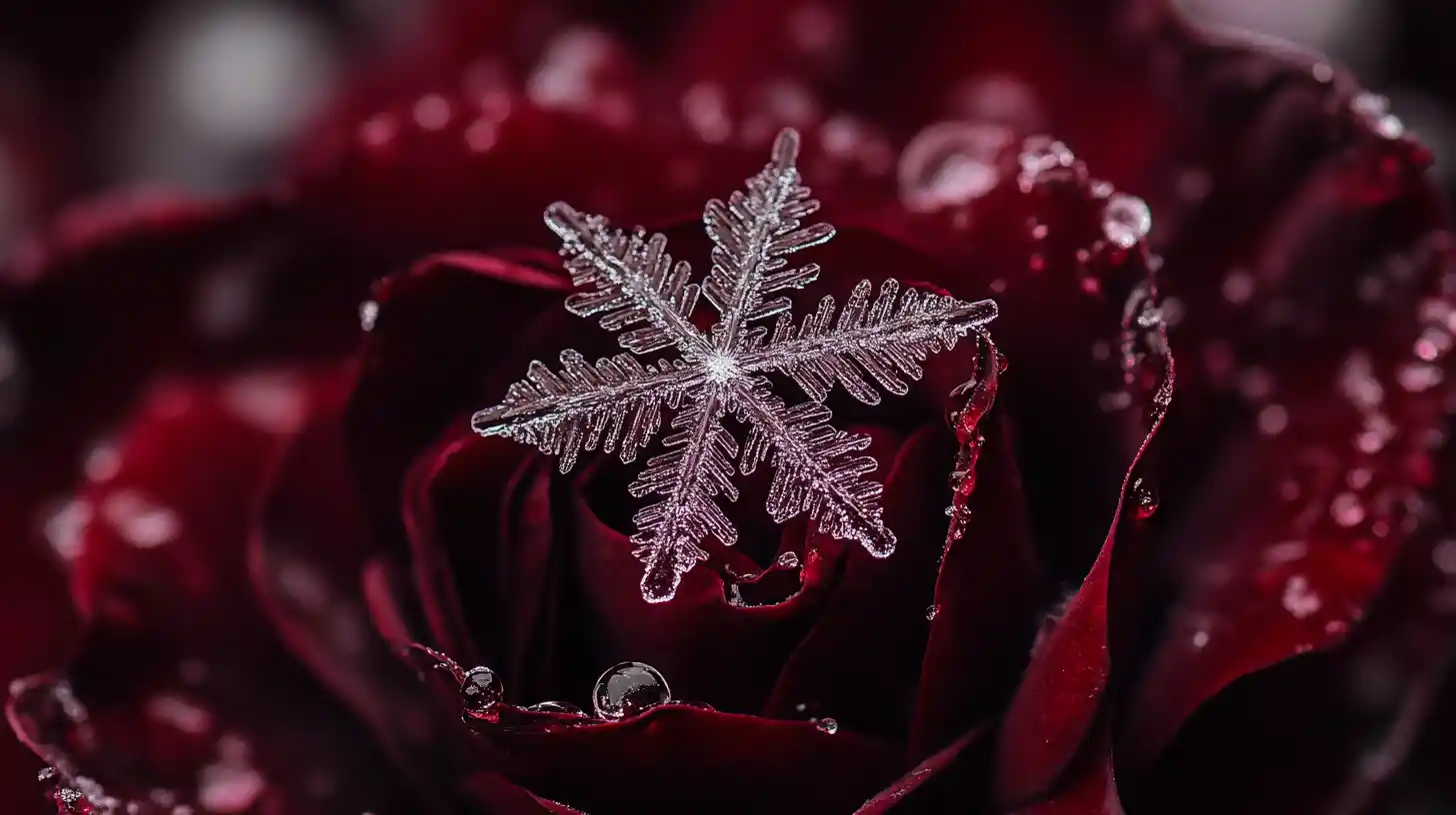 Macro snowflake on dark frozen rose petal fantasy