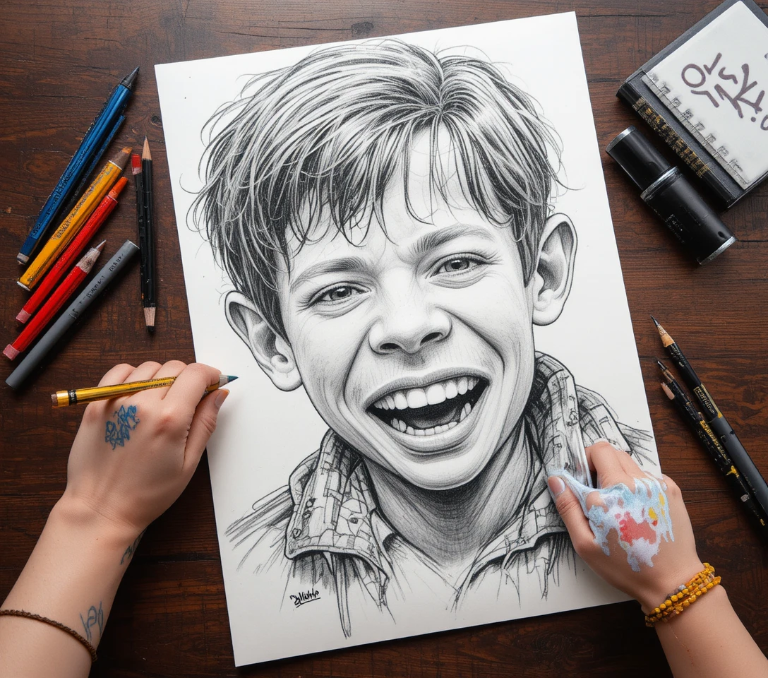 Retrato realista a lápis de um menino sorridente estendendo a mão para frente