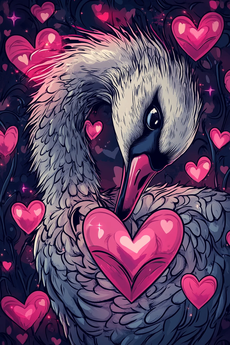 Diva cygne élégante avec cœurs roses lumineux et cadre ornemental