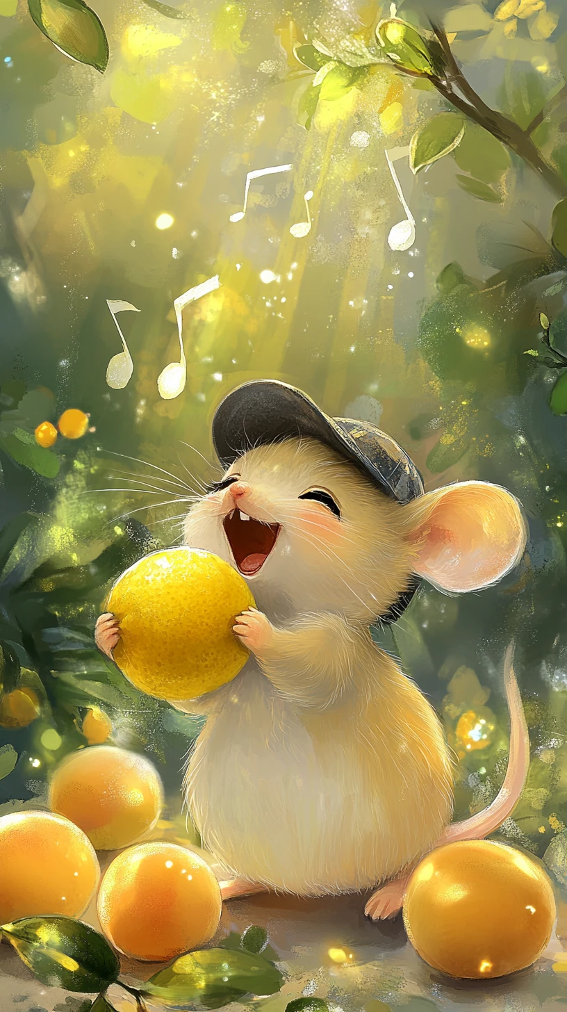 Fröhliche kleine Maus singt mit Obst im Frühlingswald