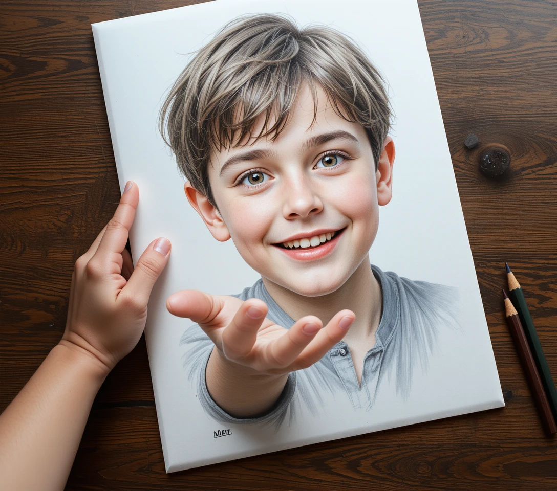 Colored pencil close up of smiling boy and adult hand