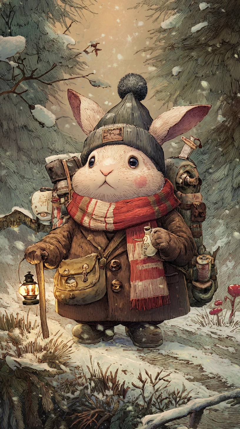 Jovial rabbit adventurer walking through a snowy pine forest