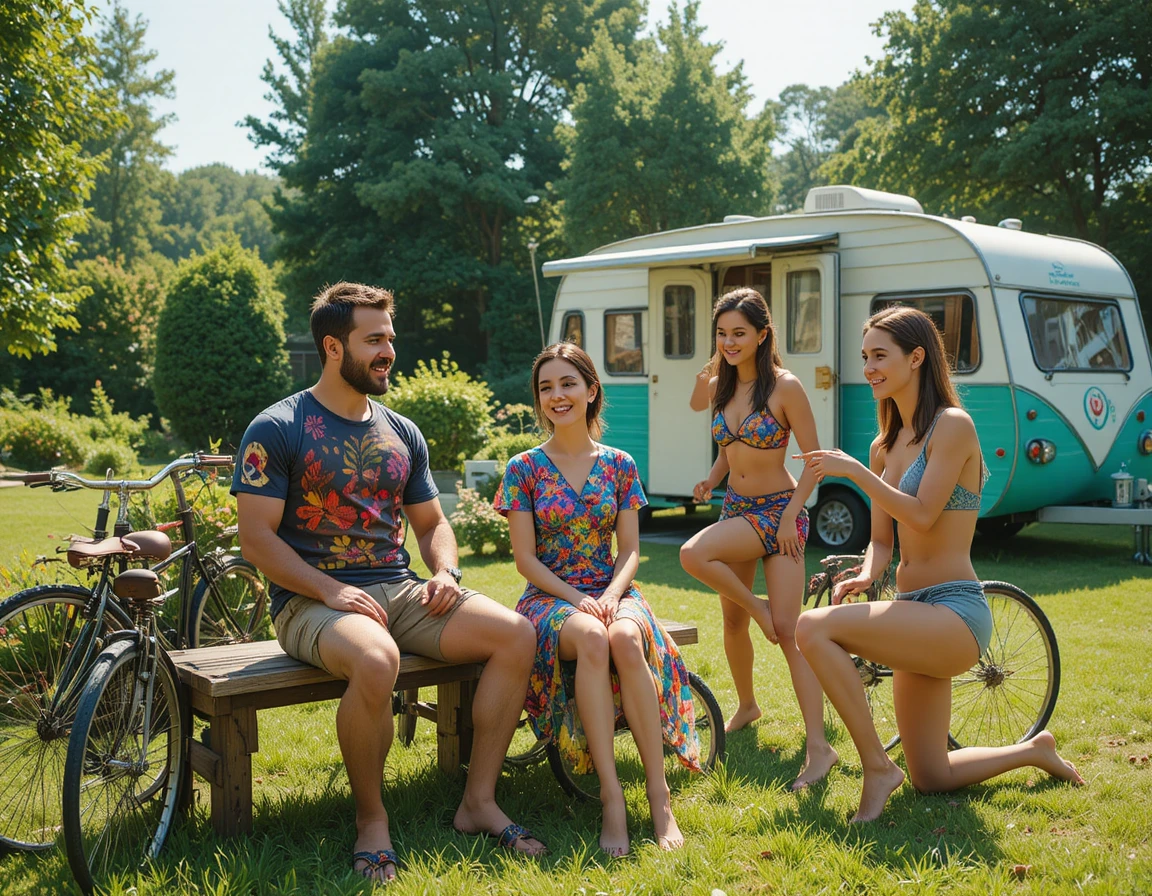 Joyful family relaxing together in a sunny green garden
