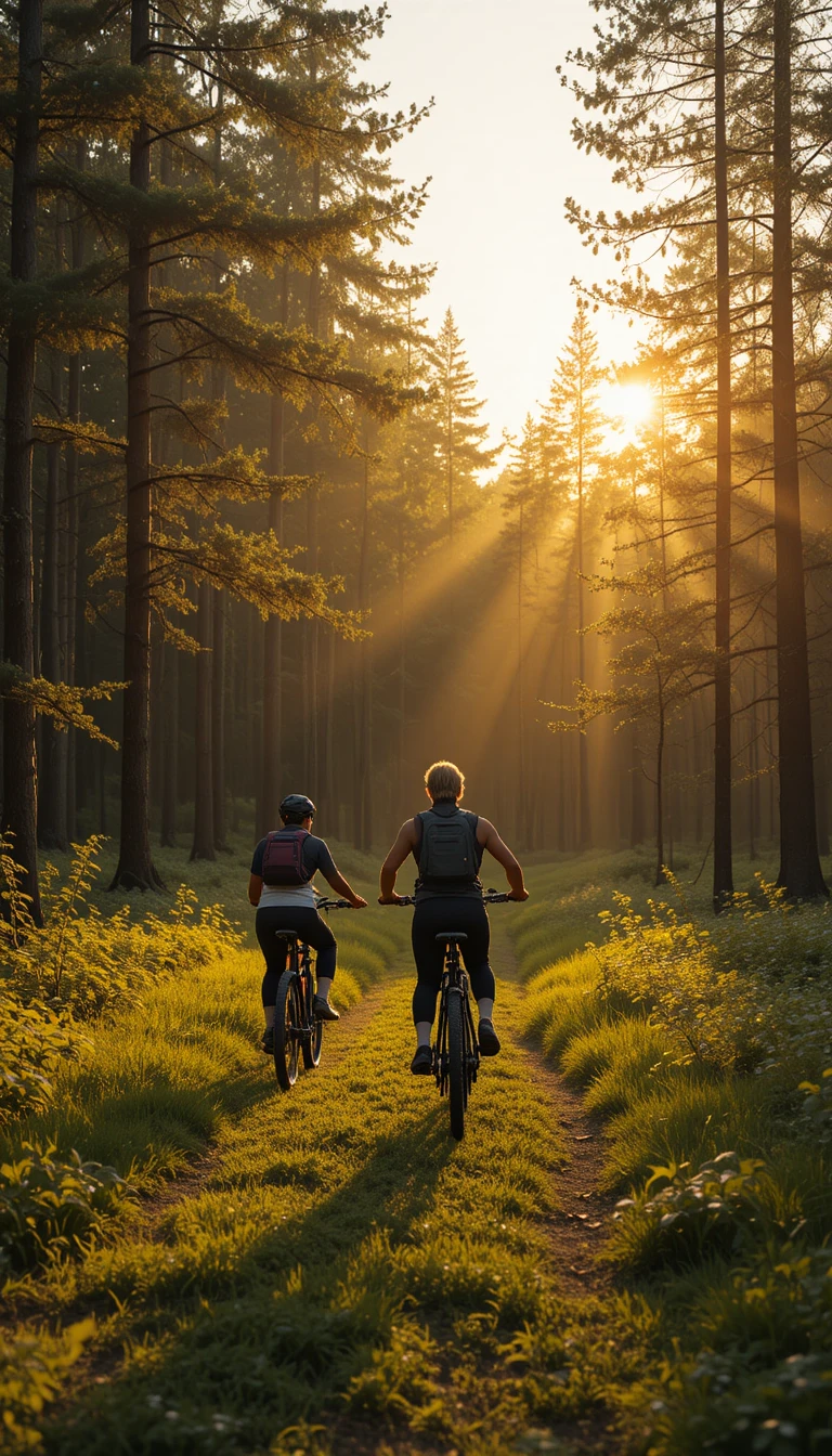 Ciclistas em uma trilha na floresta ao amanhecer quente