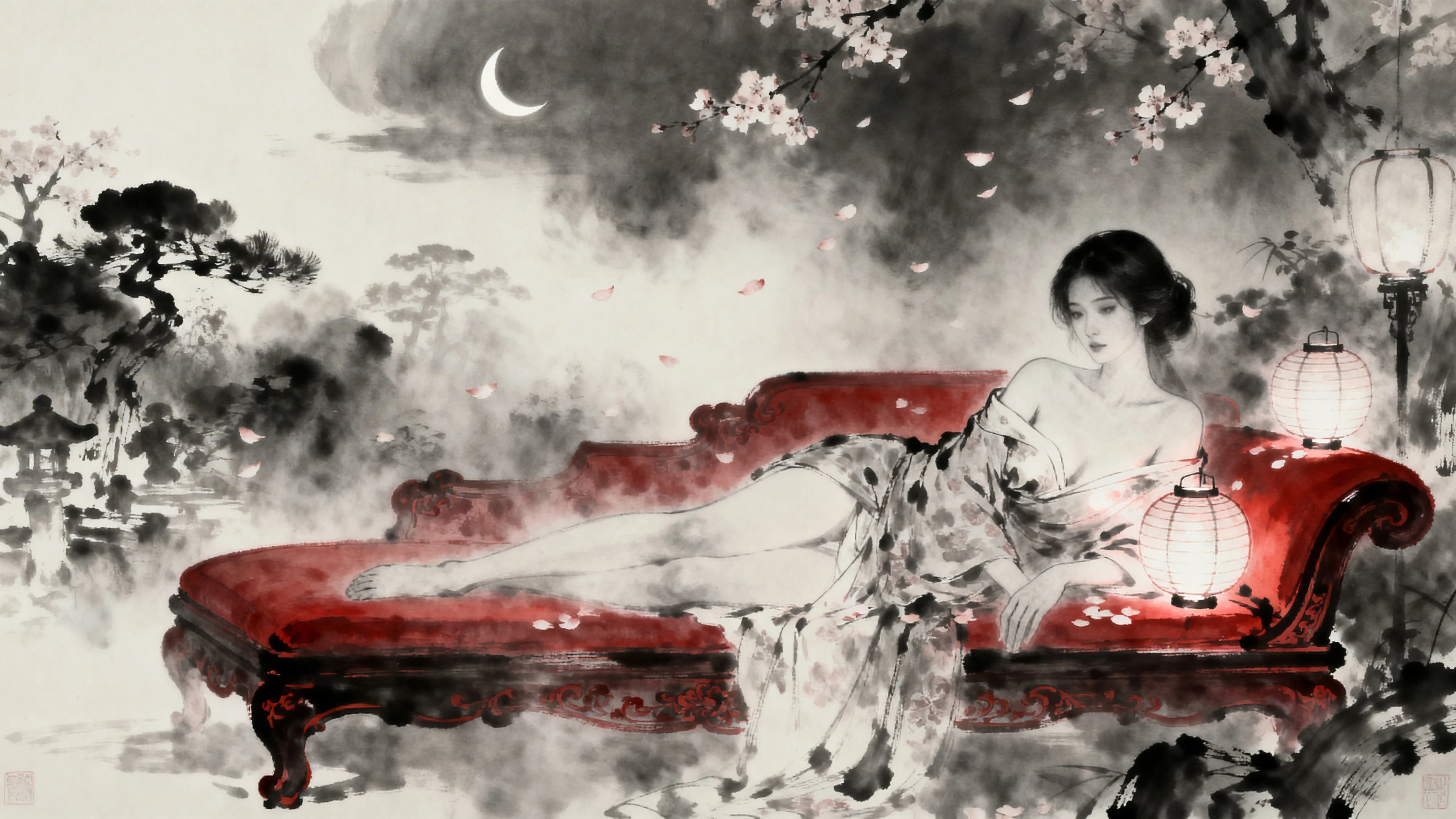 Mystical Woman Resting On Crimson Divan In Lantern Glow