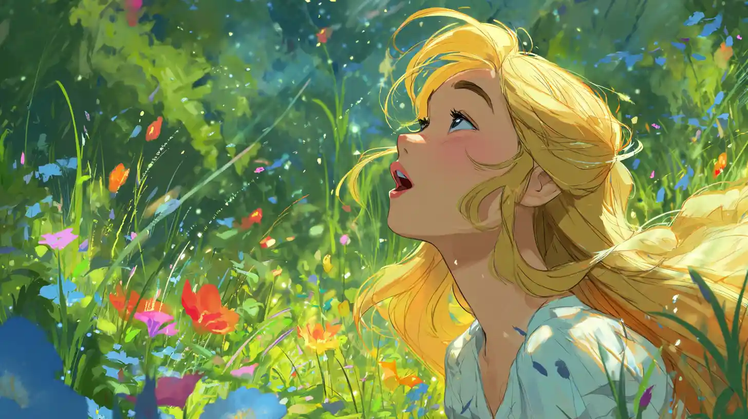 Golden haired girl singing joyfully in a sunny park