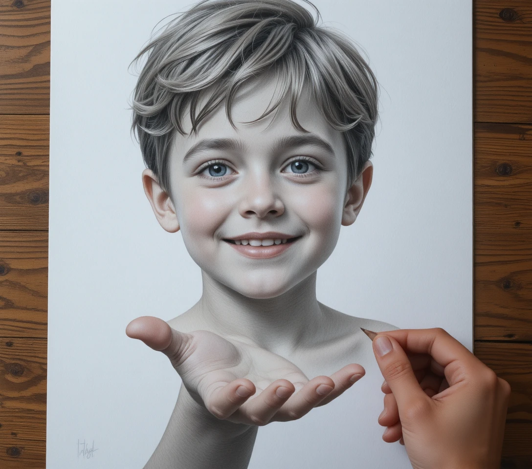 Retrato de niño con mano protectora de adulto en dibujo