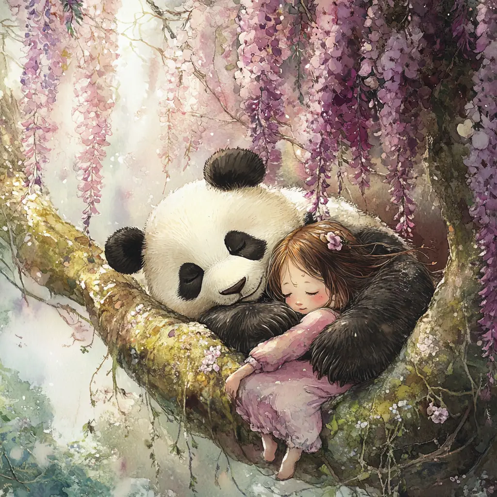 藤の花の下で苔むした枝に眠る少女とパンダ