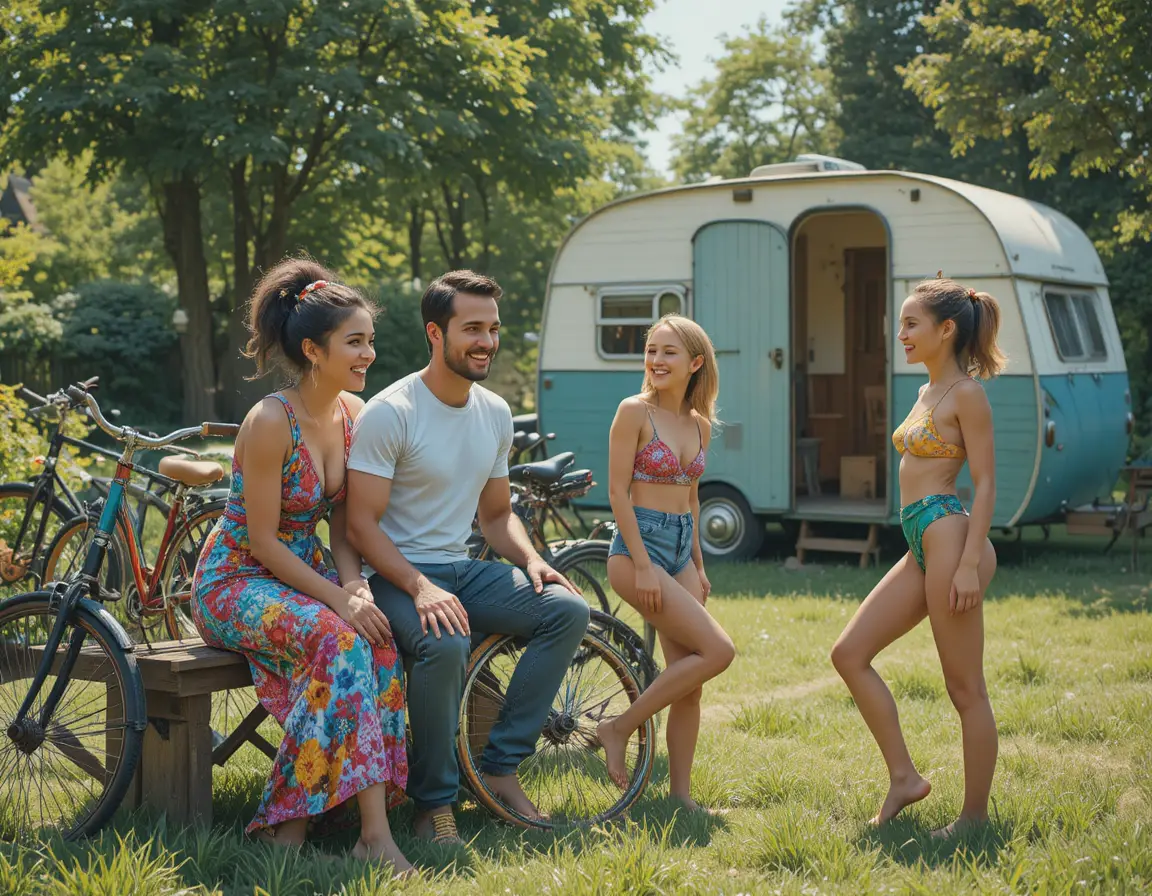 Joyful family relaxing together in a sunny garden