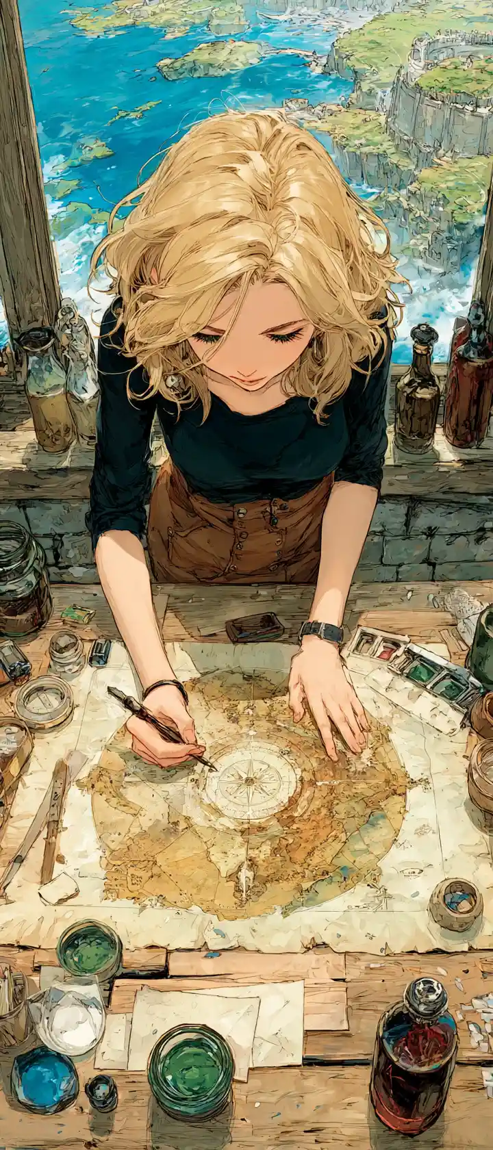 Anime cartographer studying a glowing ancient world map