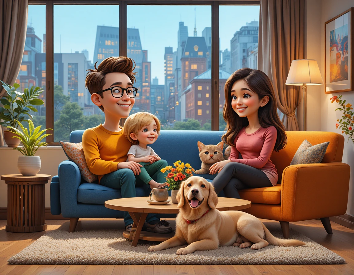Familia feliz relajándose junta en una sala de estar moderna