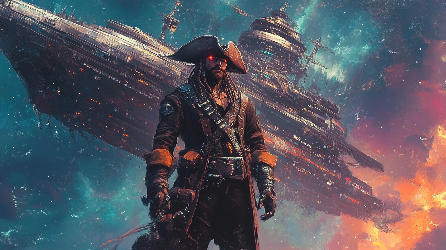 Capitaine pirate de l’espace cybernétique devant un vaisseau hybride