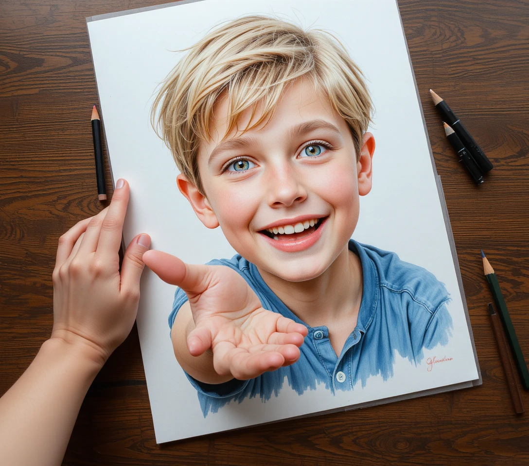 Joyful young boy reaching forward in pencil portrait